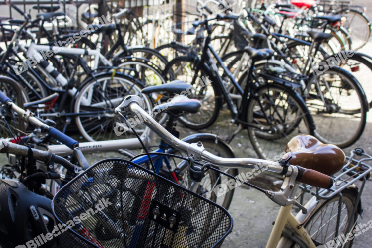 Cykler i cykelstativ ved offentlig plads